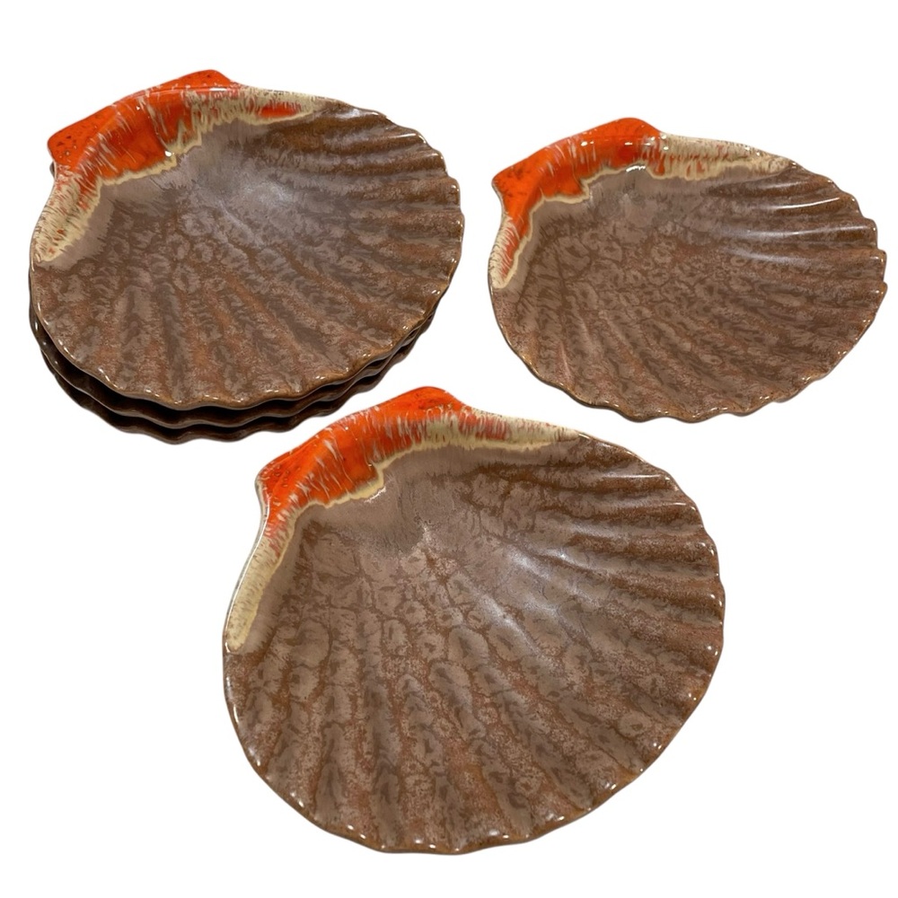 Vintage 1960s Set (5) Laurentian Pottery Scallop Shell Dish Orange Brown Ceramic